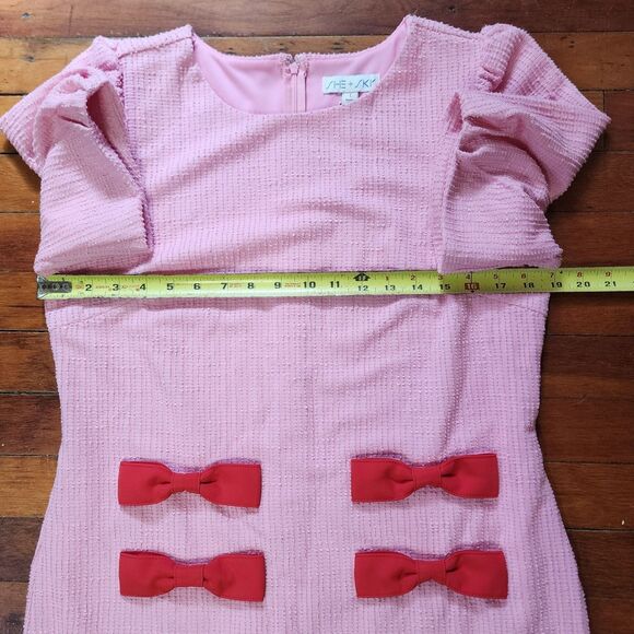 NEW She + Sky Pink Tweed Mini Dress with Red Bows - Size Large - Picture 4 of 7
